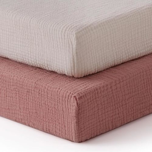 Blissful Diary Muslin Crib Sheets for Girl Boy, Boho Neutral Soft Cotton Baby Sheet for 52''x28'' Standard Crib Mattress, 2 Pack(Dusty Pink&Cream) - Dusty Pink & Cream - Crib Sheets 2 Pack