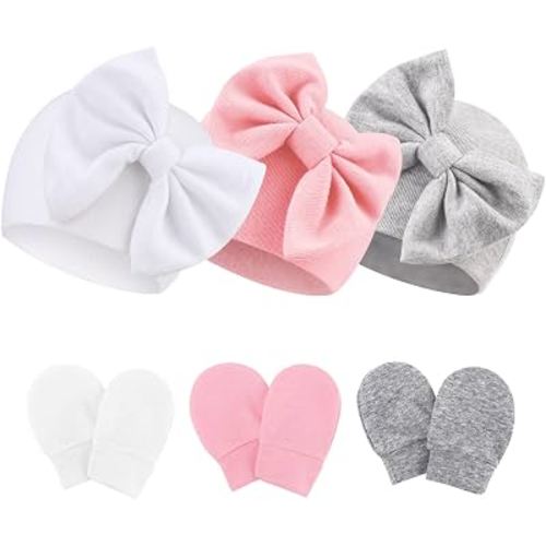 Newborn Baby Hats and Mittens Set Infant Bow Beanie Cap Toddler Gloves Newborn Hospital Hats for Baby Boy Girl Kid 0-6 Months