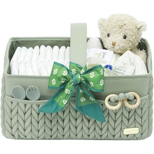 Luxurious Baby Diaper Caddy, Nursery Storage Basket for Newborn Essentials, Travel Baby Basket for Diapers Baby Wipes, Organizer Tote Bag Storage Bin, Baby Shower Gifts(Sage Green)