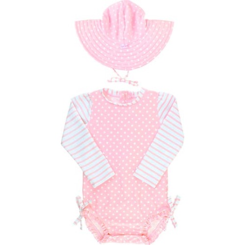 Pink Polka Dot One-Piece Rashguard Swimsuit & Hat Set
