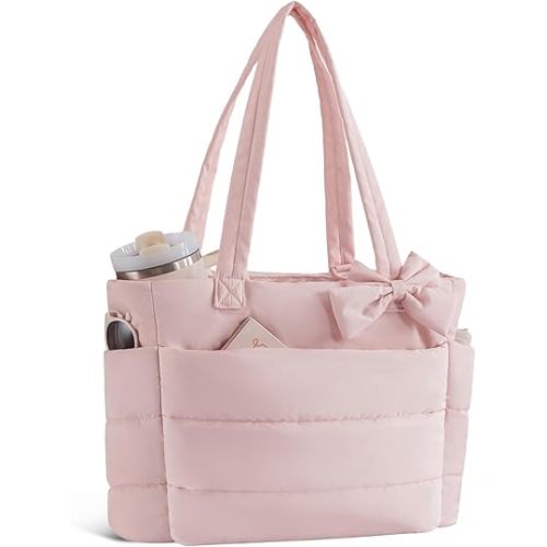 Puffer Tote Bag for Women, Quilted Bow Tote Bag with Cup Holder & 15.6 In Laptop Compartment for Work, Travel, Gym, College