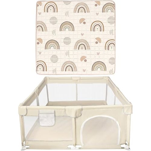 Baby Playpen with Mat, 50x50 Inch Playpens for Babies and Toddlers, Foldable Playpen with Carrying Bag, Play Yard for Indoor and Outdoor with Visible Mesh(Beige Rainbow)