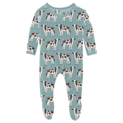 Print Footie with Snaps in Jade Cows