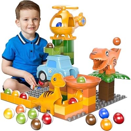 Airkid Marble Runs for Kids 4-8,Marble Run for Kids Ages 3-5 with Dinosaur Building Blocks, Montessori Learning STEM Building Toys with 4 Marble Track Compatible with Major Brands 10.04*10.04*10.63
