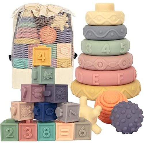 21PCS Montessori Toys for Babies,Teething Toys for Babies Months, 6 Months+, Early Educational Learning Stacking Tower, Sensory for Toddlers 1-3, Soft Rings Stacker & Teethers