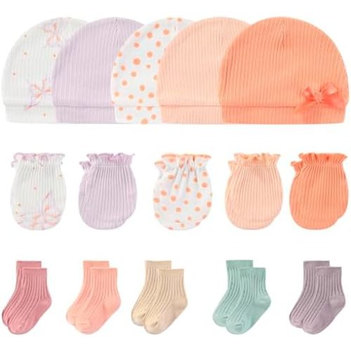 Newborn Baby Boy Girl Caps Mittens Socks Set Cotton Baby Essentials Accessories (Hats+Gloves+Socks)