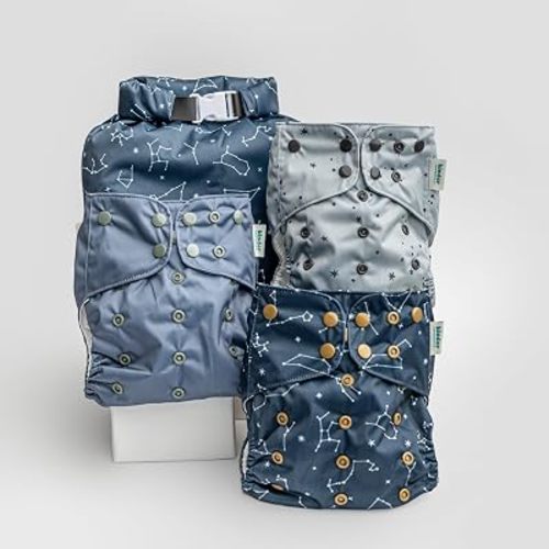 Kinder Cloth Diapers Reusable Baby Diapers Pocket Style Athletic Wicking Jersey, Wet Bag, Newborn to Potty Training 7-60lbs, One Size, Inserts NOT Included (Starlight, 3 Pack, Without Inserts)