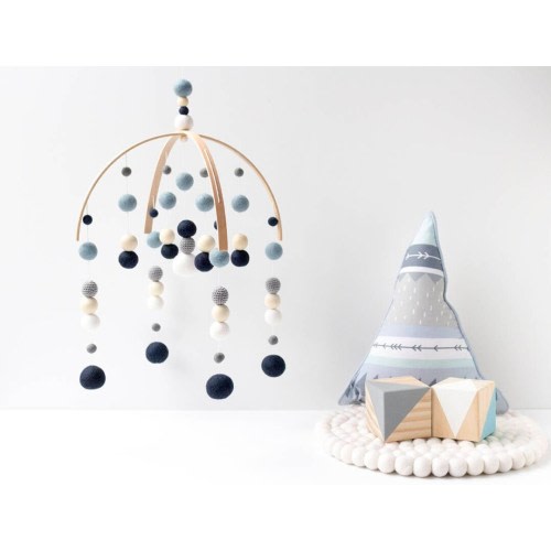 Navy Blue and Grey Baby Mobile - Boy Felt Pom Pom Crib Mobile - Boys Minimalist Nursery Cot Mobile - Wooden Arch Ceiling Mobile Decoration