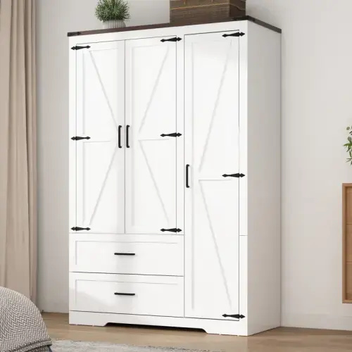 Ivory White Gracie Oaks Farmhouse 3 Door Armoire Wardrobe With 2 Drawers And Hanging Rod & Reviews | Wayfair