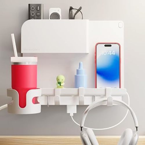 WallShelfie Bedside Wall Organizer & Dorm Decor - Dorm Room Essential, Floating Bedside Shelf Wall Mount Organizer, Remote Control Holder, Cool Teen Girls Trendy Stuff - 2.0, White