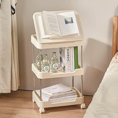 AGTEK 3 Tier Mobile Bookshelf Cart with Wheels,Multi-Functional Storage Rolling Bookcase Organizer for Painting, Classroom, Office and Home, Beige