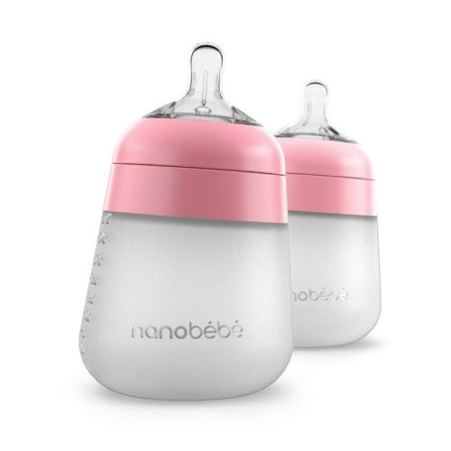 Nanobebe Flexy Silicone Baby Bottle Anti-colic Nipple, Soft Body, Stable Base - Pink - 9oz/2pk