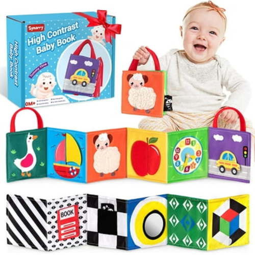 SYNARRY High Contrast, Folding Crinkle 3D Touch Baby Book, 0-6 Months, Montessori Toys