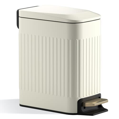 Small Bathroom Trash Can with Lid Soft Close-6L/1.6 Gal Slim Step Garbage Can-Metal Pedal Wastebasket-Narrow Rectangle Garbage Container Bin for Corner Office, Bedroom, Toilet, Live Room-Beige