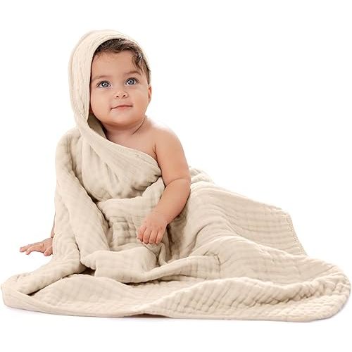 Comfy Cubs Baby Hooded 9 Layer Muslin Cotton Towel for Kids, Large 81 X 81 cm, Ultra Soft, Warm, and Absorbent. Baby Essentials Bath Towels, Cute Unisex Cover for Girls and Boys (Pack of 1, Sand)