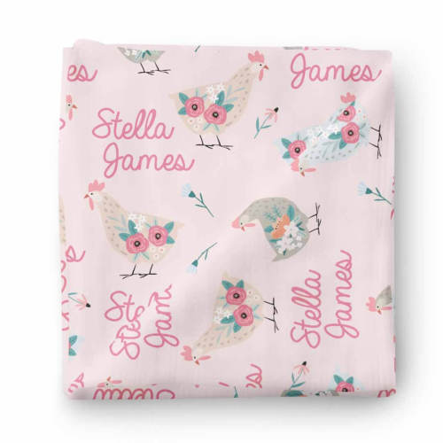 Pink Chicken Personalized Baby Name Swaddle Blanket