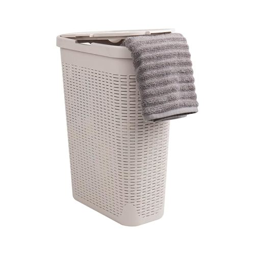 Mind Reader Slim Laundry Hamper with Lid, 40L Clothes Basket, Premium Wicker Design, Plastic, Ivory