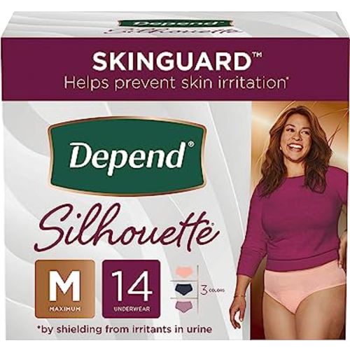 Depend Silhouette Adult Incontinence and Postpartum Underwear for Women, Medium, Maximum Absorbency, Black, Pink and Berry, 14 Count, Packaging May Vary
