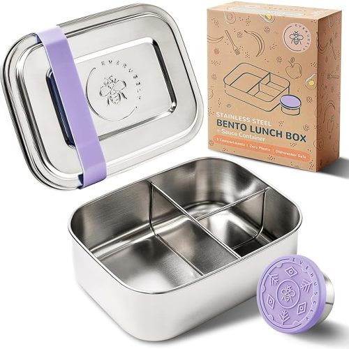 Everusely - Bento Box for Kids - Lavender, 6.5x4.7 / 27oz - Stainless Steel Lunch Box w/Leakproof Condiment Container - 3 Compartment Snack Box for School, Office Meals - Freezer & Dishwasher Safe