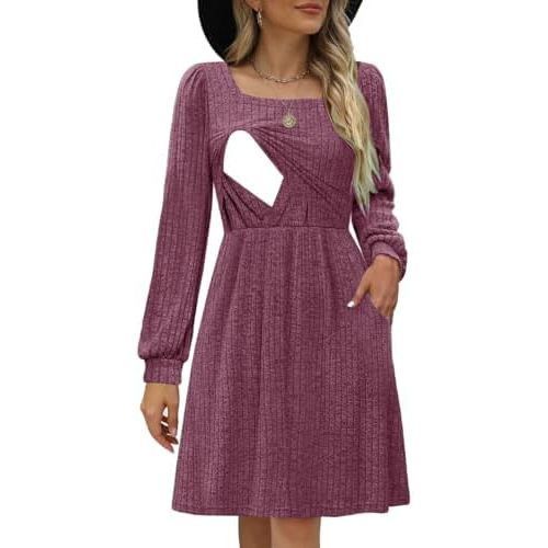 Womens Nursing Fall Dresses Square Neck Long Sleeve Winter Knit Sweater Dress 2024 with Pockets
