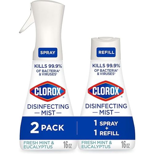 Clorox Disinfecting Mist, Eucalyptus Peppermint, Household Essentials, 1 Spray and 1 Refill, 16 oz Each