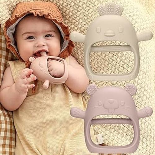 2 Packs Baby Teething Toys Silicone Teething Mittens for Infants 3 Months+, Never Drop & Easy to Hold Teethers, Helps Soothing Gums & Sucking Needs, Teething Relief (Blush)