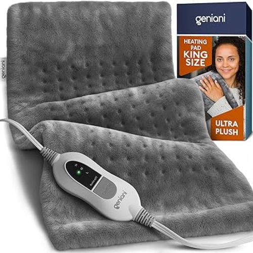 $40 GENIANI King Size Heating Pad for Back Pain & Cramps Relief, FSA HSA Eligible, Auto Shut Off, Machine Washable, Moist Heat Pad for Neck & Shoulder, Knee, Leg, Tabby Gray 12'‘×24’’