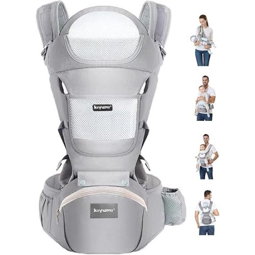 KIYUMI Baby Carrier with Hip Seat, 6- in-1 Baby Carrier Newborn to Toddler, Ergonomic M Position, Head Support and Breathable Mesh,Adjustable Removable Baby Sling Carrier (7-45 lbs), Grey