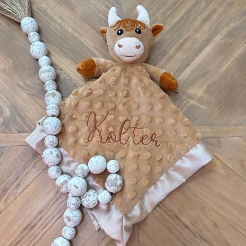 Personalized Embroidered Animal Baby Lovey, Baby Silk Lovey, Cow Lovey, Small Security Blanket, Baby Comfort Blanket, Newborn Baby Gift