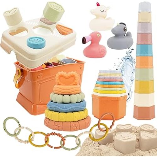 Shape Sorters Baby Toys 5 in 1 Montessori Toy for 6-48 Months Stacking Cups,Rings Toy Links,Soft Stacking Rings,Blocks Set,Soft Animals Toys Shape Sorters for Toddlers 1-3