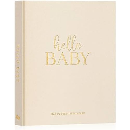 Lanpn Hello Baby First 5 Year Memory Book for Boy Girl - Linen Hardcover Baby Book Keepsake for New Parents - Newborn Baby Journal Scrapbook Photo Album Baby Milestone Book (Beige, 154 Pages)