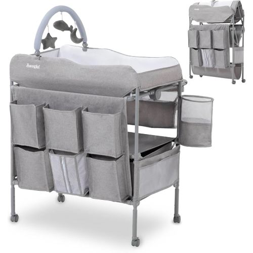 Baby Changing Table, Versatile Portable Folding Changing Table, Waterproof Diaper Changing Station with Waste Basket, Adjustable Height with 2 Drawers, Baby Changing Station for Infant and Newborn