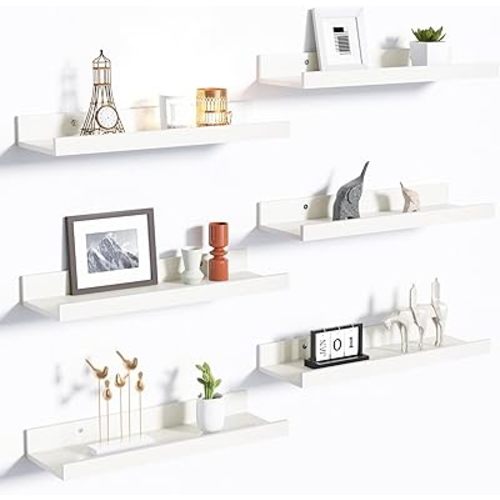 upsimples Floating Shelves for Wall, Wood Mounted Shelf Decor Storage Set of 6, for Bedroom, Living Room, Bathroom, Kitchen, Picture Ledge, White