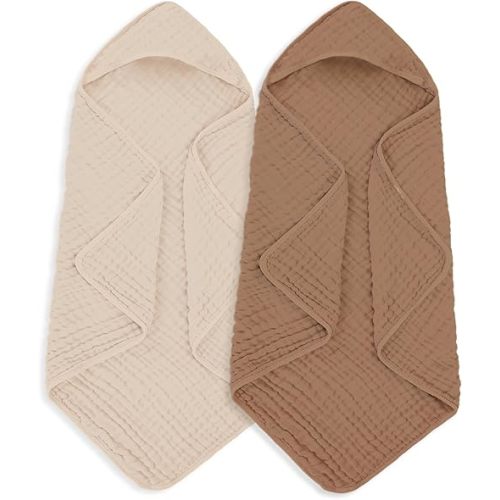 Muslin Hooded Baby Towels 100% Cotton ，Super Soft Muslin Baby Bath Towel - 32 x 32 Inches, Suitable for Newborn and Young Children up to 3 Years Old. (Beige & Coffee)