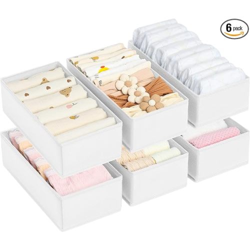 DIMJ Drawer Organizer Clothes - Underwear Organizer Small Sock Organizer Box Dresser Organizer,Drawer Dividers for Baby Clothes,Bra,Socks, Belt, Tie, Set of 6,White
