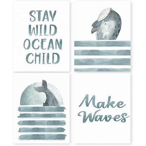 HRQKO Stay Wild Ocean Child Whale Wall Art Poster Prints Set of 4, Kids Bathroom Decor, Whale Artwork Printing Posters Wall Decor, Whale Themed Prints for Kids Bathroom Nursery Decor 8”x10” Unframed