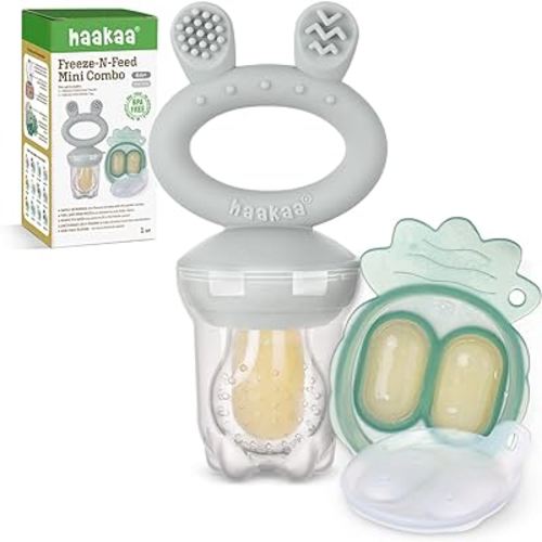 Haakaa Baby Fruit Food Feeder & Mini Freezer Nibble Tray Combo, Breastmilk Popsicle Molds for Baby Cooling Relief, BPA Free Silicone Feeder for Safe Infant Self Feeding, 4 Month+ (Slate Grey)