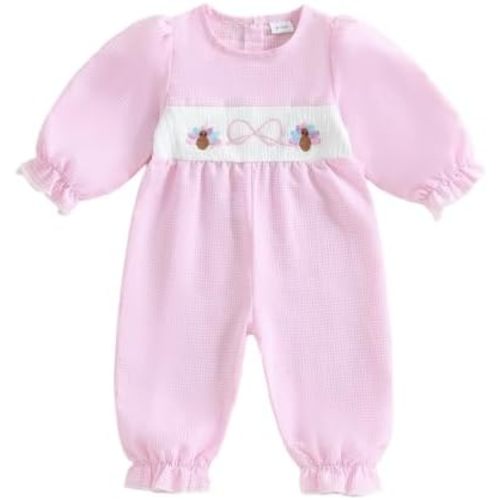 Newborn Baby Girl Thanksgiving Outfit Turkey Embroidery Long Sleeve Romper Plaid Jumpsuit Cute Fall Winter Clothes