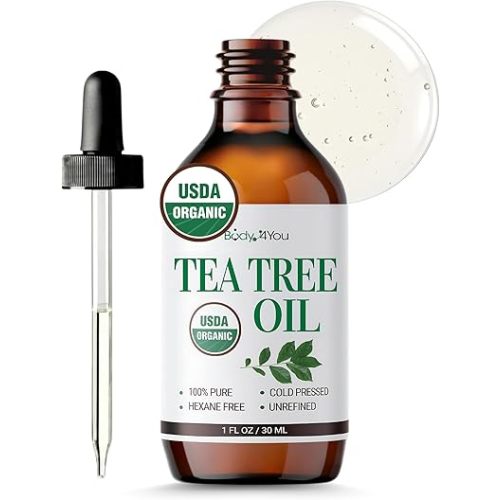 BodyJ4You Pure Tea Tree Oil - 100% Natural USDA Organic Premium Grade Essential Oil - Face Skin Care Healthy Hair Scalp Toenail Piercing Aftercare - Undiluted Non-GMO Aromatherapy DIY Beauty - 1 Fl Oz