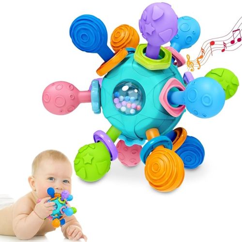 Baby Teething Toys for Babies Girl Toys Gifts, Rattles Chew Sensory Montessori Toys for Newborn Infants, Tummy Time Shower Gifts for Babies - Pink