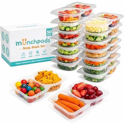 Reusable Snack Containers with Lids 50 Pack (100 Pieces) Portion control, Snack Pack Containers 2 Double Compartment Snack Containers for Kids On the Go Meals, Camping Snack Tray Prep