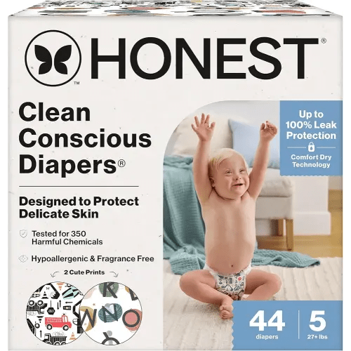The Honest Company Clean Conscious Diapers for Delicate Skin | Up to 100% Leakproof | Hypoallergenic, Fragrance Free | Gender Neutral | Club Box, Size 5 (27+ lbs), 44 Count (Prints May Vary)