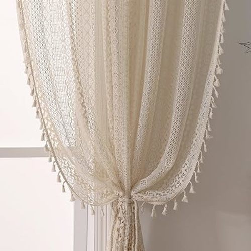 Lace Curtains,Boho Crochet Curtain for Bedroom Cotton Cafe Curtains 45 Inch Length 2 Panels Rod Pocket Vintage Farmhouse Lacey Sheer Tassel Beige Short Bathroom Curtain Tiers