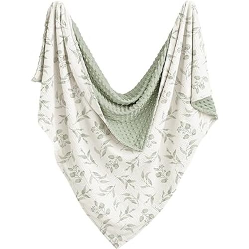 Konssy Baby Blankets for Unisex Boys Girls, Super Soft Nursery Minky Blankets with Muslin Cotton Front and Dotted Fleece Backing, Printed Bed Throws Newborn
