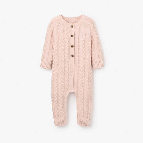 3-6 Months Pale Pink Horseshoe Cable Knit Baby Jumpsuit PINK / 3-6M