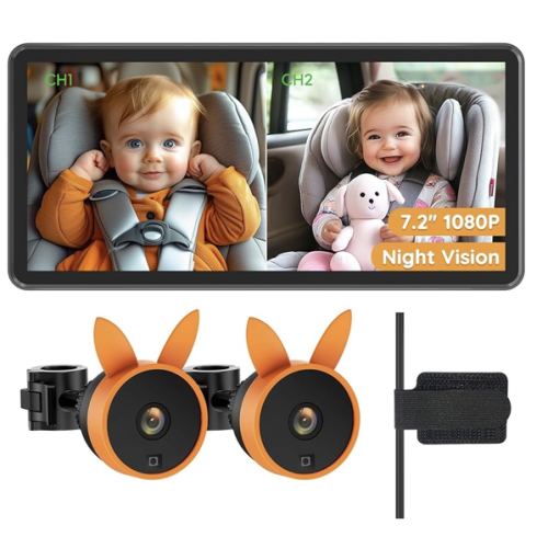 Baby Car Camera for 2 Kids - 7.2" Large HD Display Dual Channel Baby Monitor, Clear 1080P IR Night Vision Car Seat Camera, Easy Install & Secure Rear-Facing View