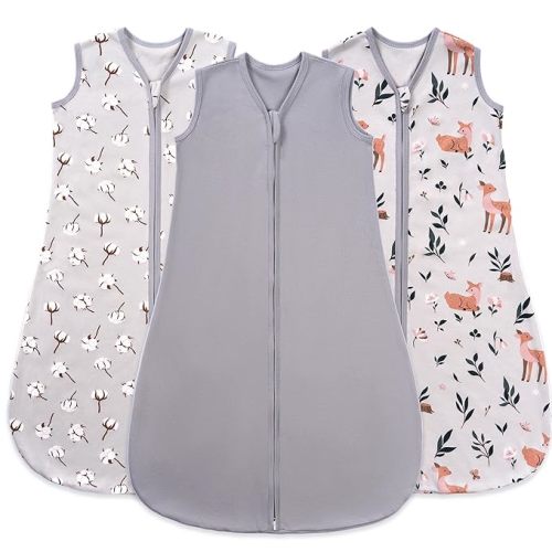 Baby Sleep Sack 6-12 Months, 100% Organic Cotton Wearable Blanket for Babies, 2-Way Zipper Lightweight Breathable Baby Sleeping Bag, 4 Sizes-M Cotton&Fawn&Grey