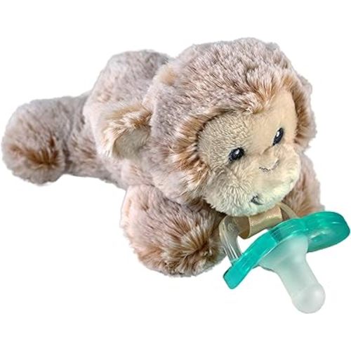 RaZbaby JollyPop Pacifier, Holder w/Detachable Baby Pacifier, Stuffed Animal RaZbuddy, All Ages 0M+, 100% Medical Grade USA Made Silicone Pacifier, Machine Washable, Textured & Easy to Hold – Monkey