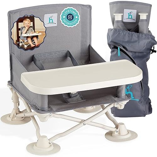 Hiccapop OmniBoost Travel Booster Seat with Tray for Baby, Dining Table, Camping, Beach, Grandma’s | Folding Portable Tip-Free Design Straps to Kitchen Chairs