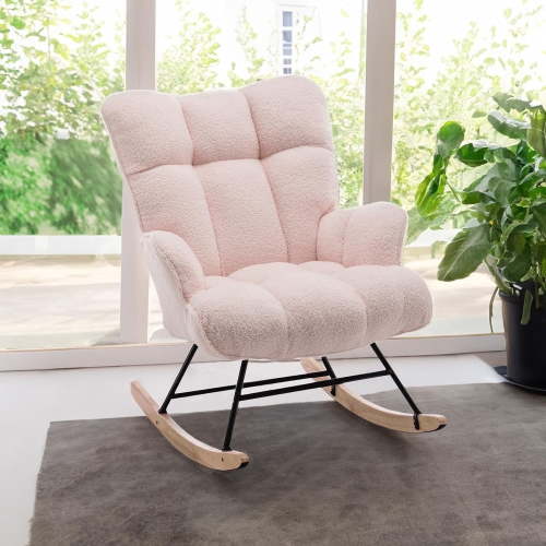 SAETSFEG Teddy High Back Nursery Rocking Chair, Pink Velvet Fabric, Ergonomic Design